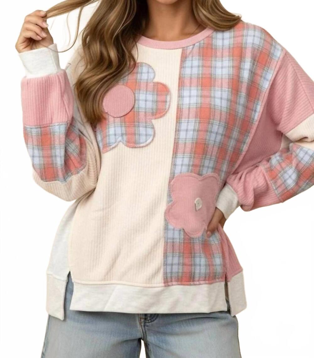 NEW HAPTICS women's bubble sleeve flower patch plaid textured top in cream/dusty